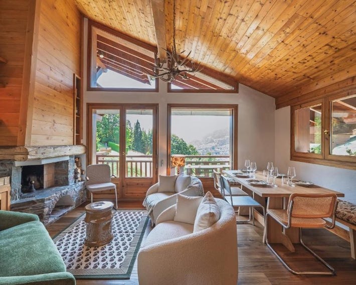 Panoramic view, pool, village & ski slopes