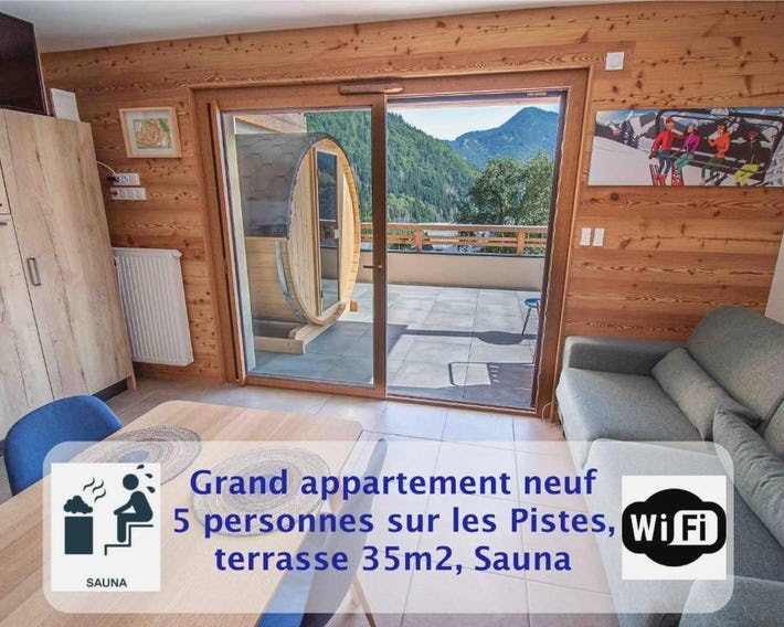 Dans résidence neuve LE SNOW ROC sur les pistes, grand studio cosy 5 pers avec terrasse panoramique,