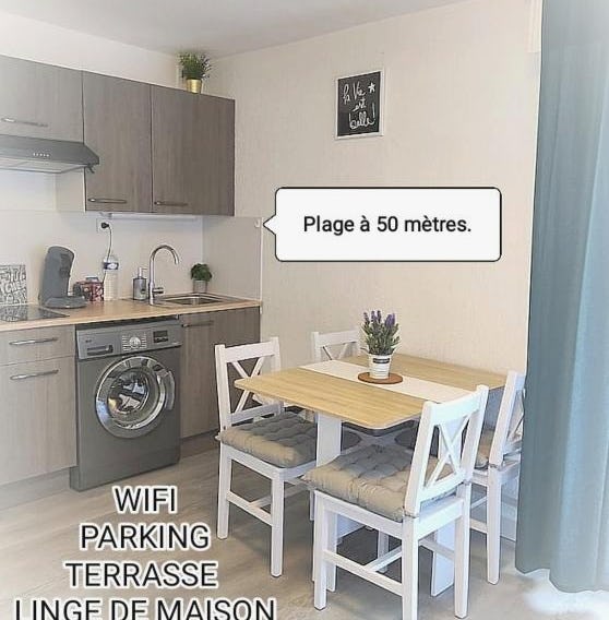 Charmant studio tout équipé à 100m de la plage, clim, terrasse, parking, Wifi, linge de maison inclu