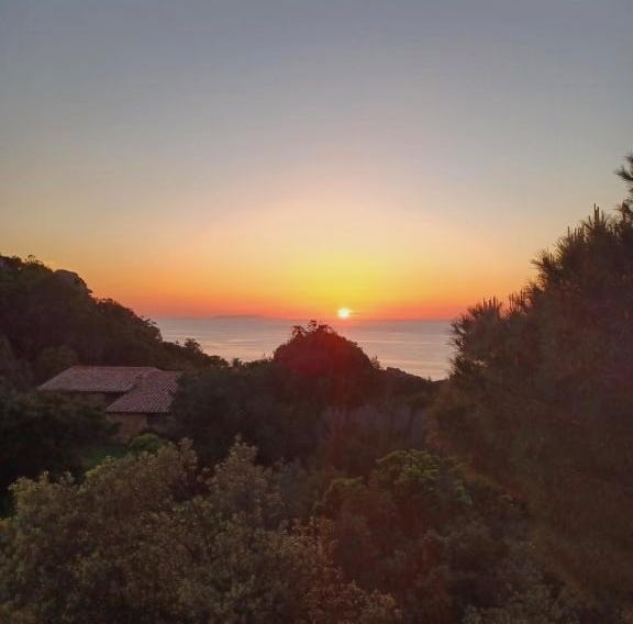 Villa La Lecceta surrounded by greenery and sea view with sunset